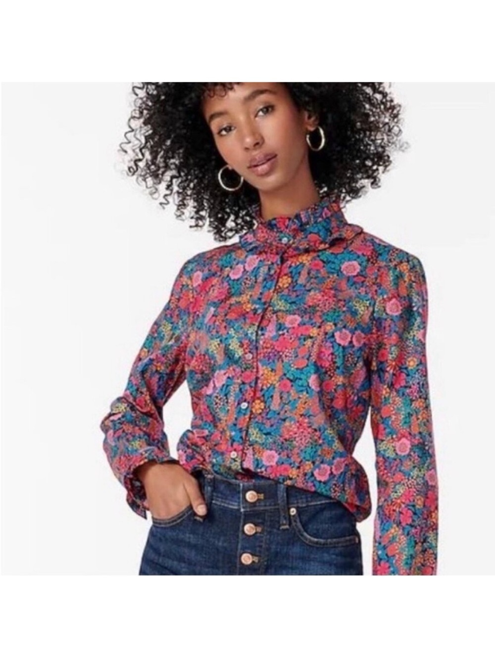 J Crew  Ruffled Neck Button-Up Blouse - Liberty Ciara Print